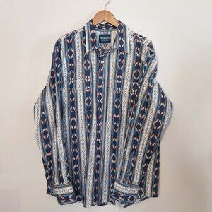 Vintage Wrangler Aztec Pearl Snap Shirt Men's XL Southwestern Cowboy 90s Blue
